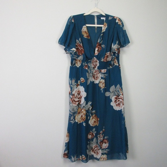 Baltic Born Smocked Midi Dress XL Blue Floral V Neck Boho Summer Party Chic 334 - Picture 1 of 12
